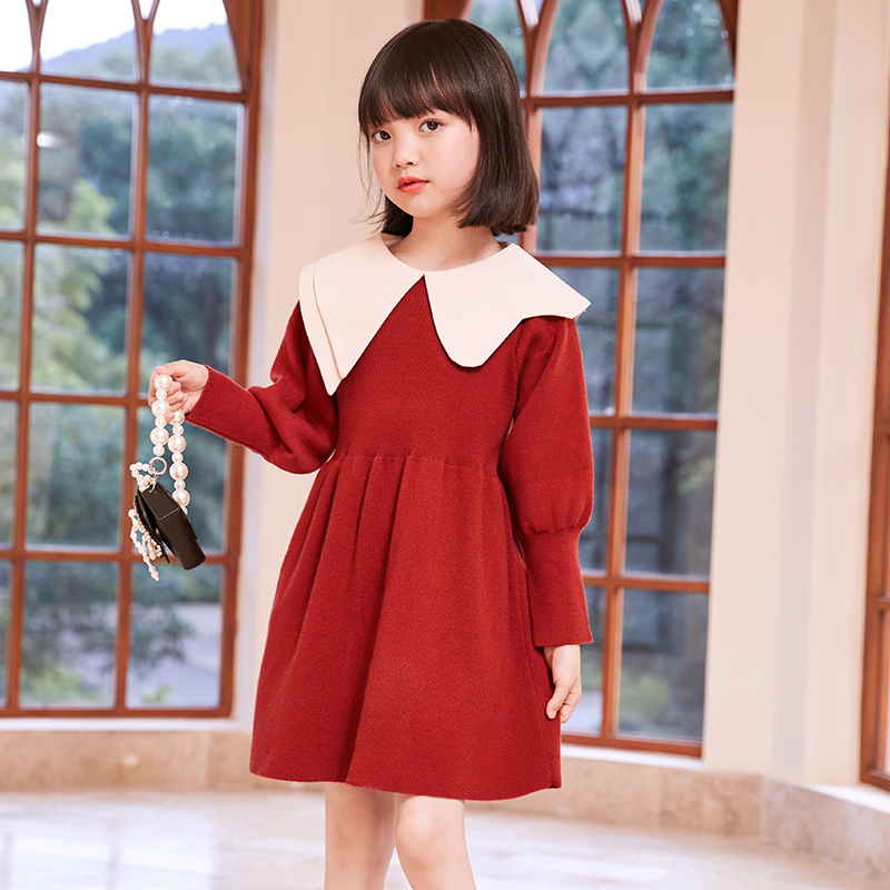 女童连衣裙秋装娃娃领新款中大儿童春秋针织毛衣裙子82326
