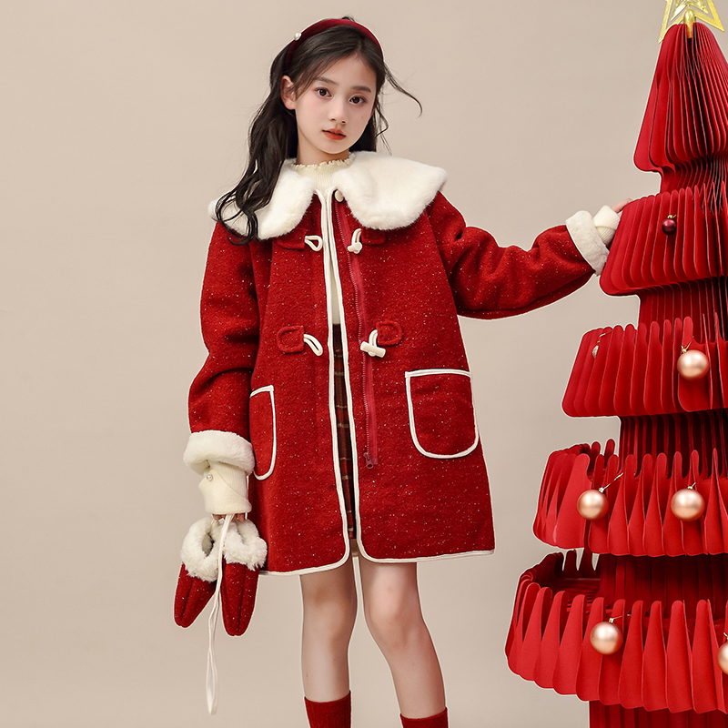 YEMK【红炉点雪】外套翻领连帽拼毛大衣红色细闪秋冬加绒25568