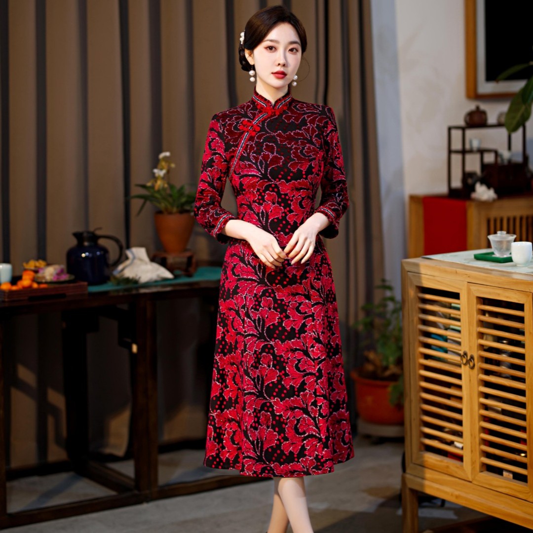 大浪淘花气质韩国绒旗袍裙长款高端修身大摆秋冬斜襟红色立领显瘦