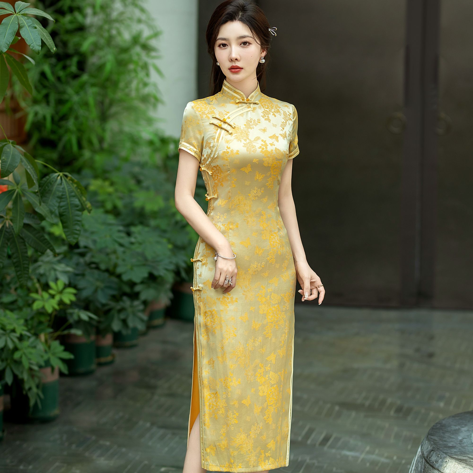 金梦蝶夏款改良长款日常气质改良旗袍春夏少女时尚小个子旗袍绿色