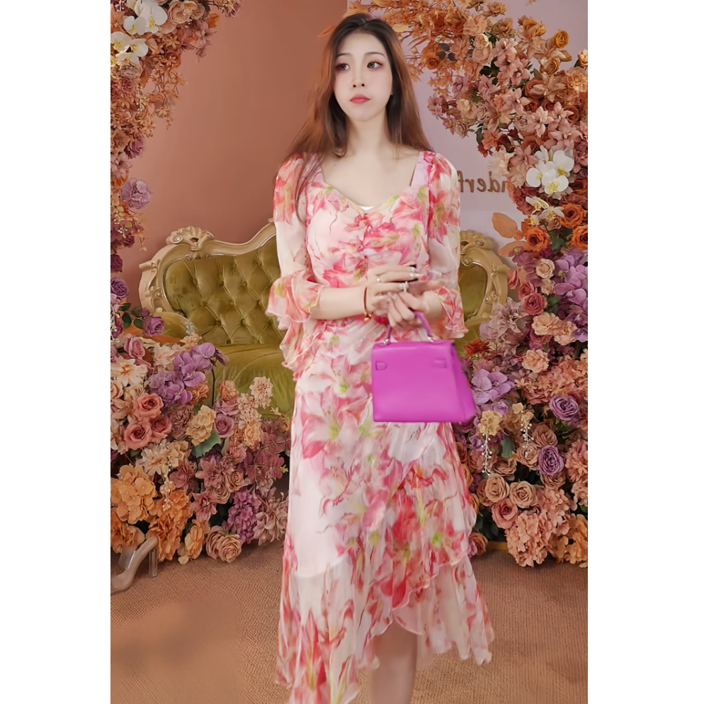 【花语甜心】气质优雅显瘦碎花收腰连衣裙FS-5301