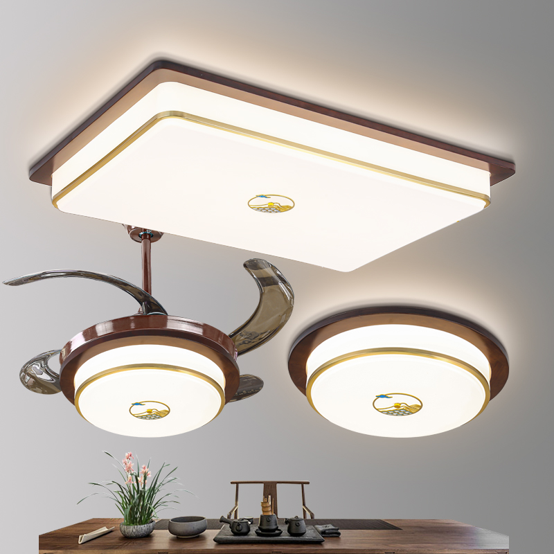 现代新中式简约全铜加木艺客厅LED三色吸顶灯灯卧室灯具中国风456