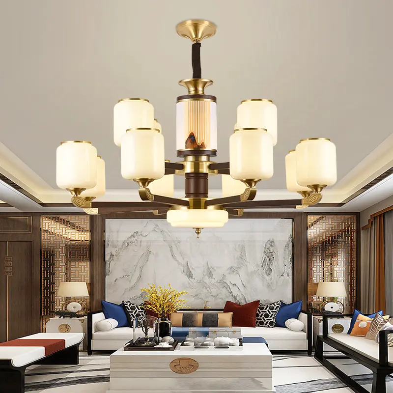 新中式复式楼别墅客厅大吊灯中空楼中楼挑高跃层中国风实木445