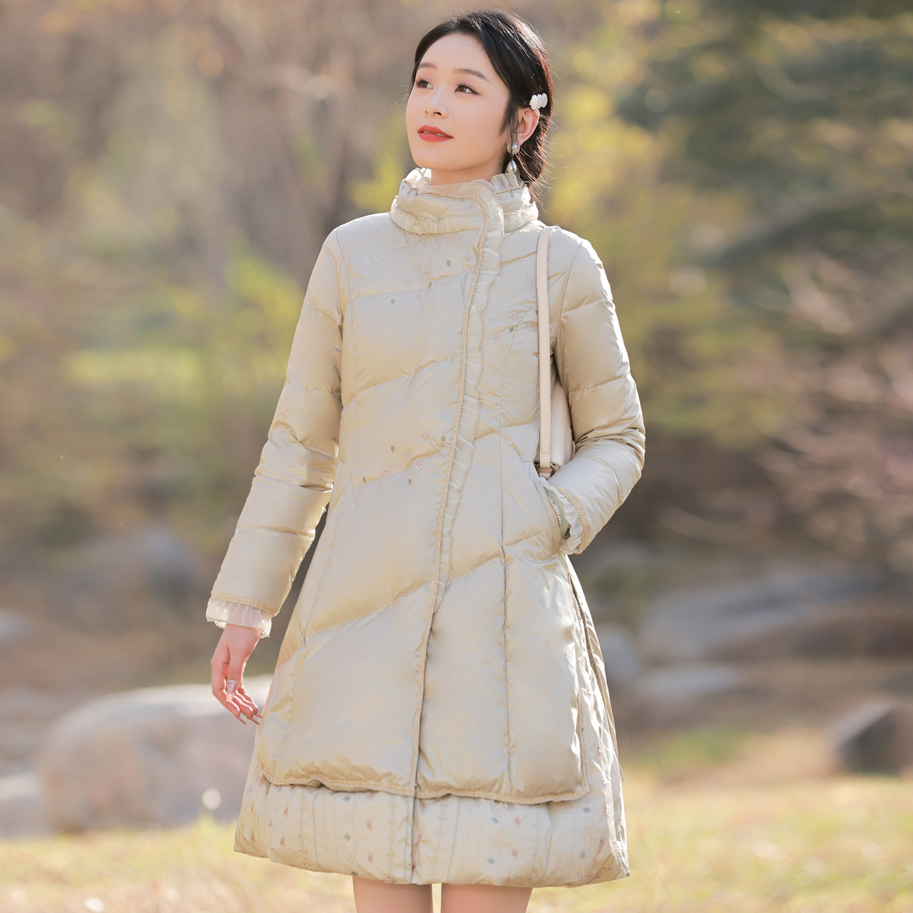 烟花烫中式立领羽绒服女冬季国风刺绣中长款加厚保暖外套 琨羽