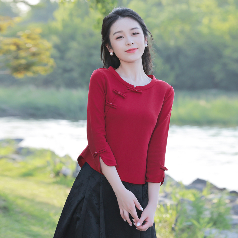 烟花烫复古红色新中式上衣女 春季修身显瘦气质七分袖针织衫 韵欧
