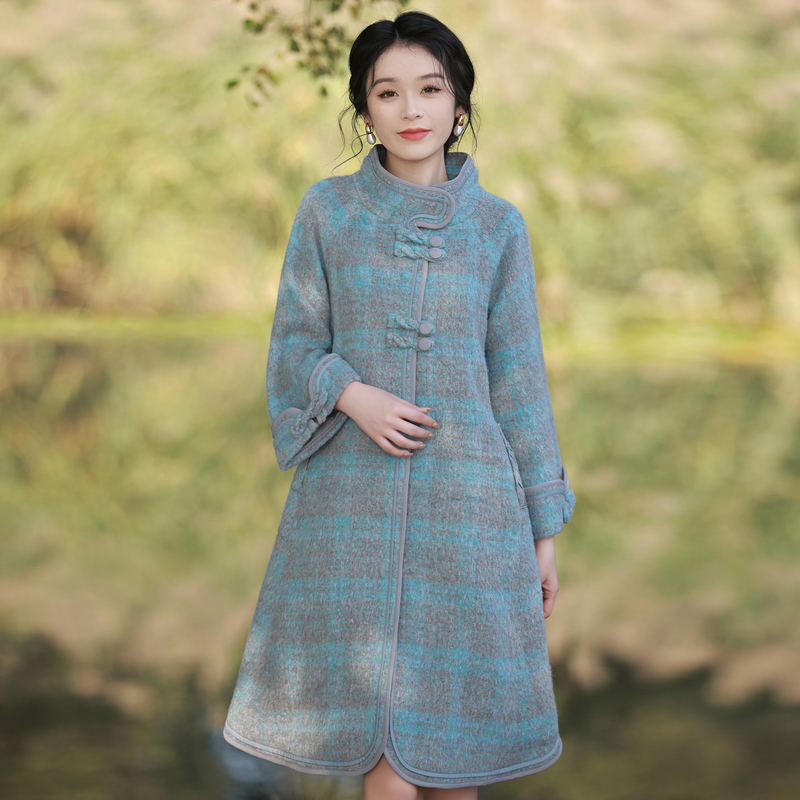 烟花烫复古新中式毛呢外套大衣女冬季新款国风宽松复古外套  存诗