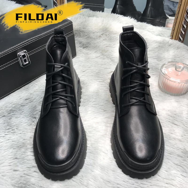FILDAI高端英伦风马丁靴男春秋新款真皮厚底工装时尚潮流切尔西靴