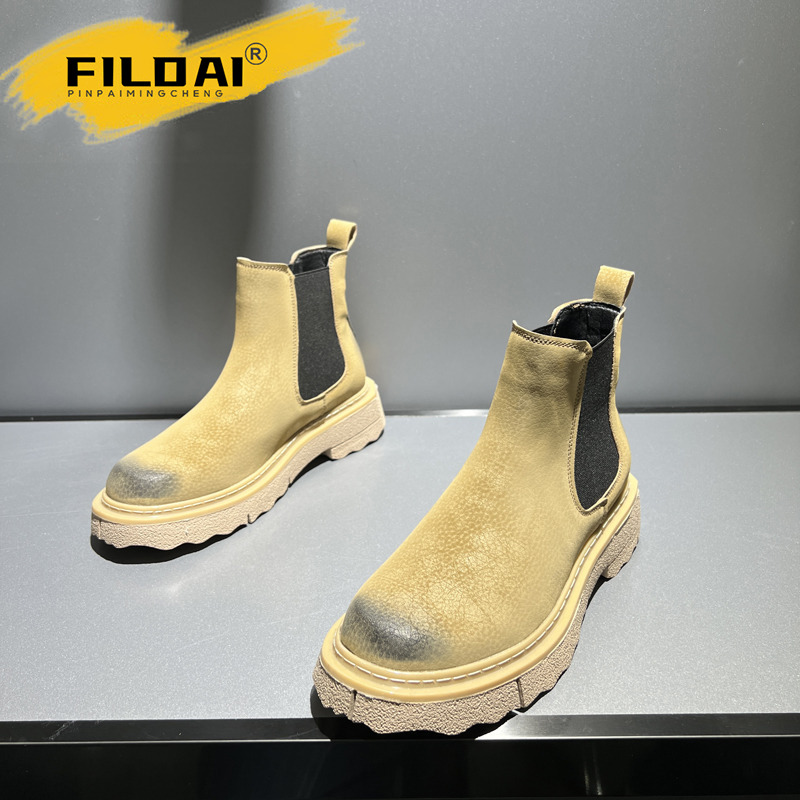FILDAI高档潮流马丁靴男春秋季增高厚底复古机车鞋套筒百搭大黄靴