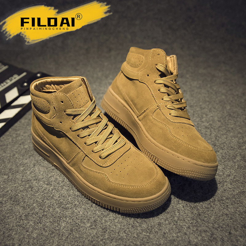FILDAI磨砂皮高帮板鞋男士2024春秋真皮厚底马丁靴日系休闲工装鞋