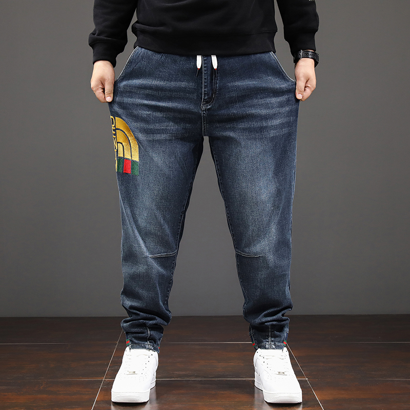 春秋季大码弹力刺绣小脚牛仔裤男加肥加大胖子宽松潮流肥佬长裤子