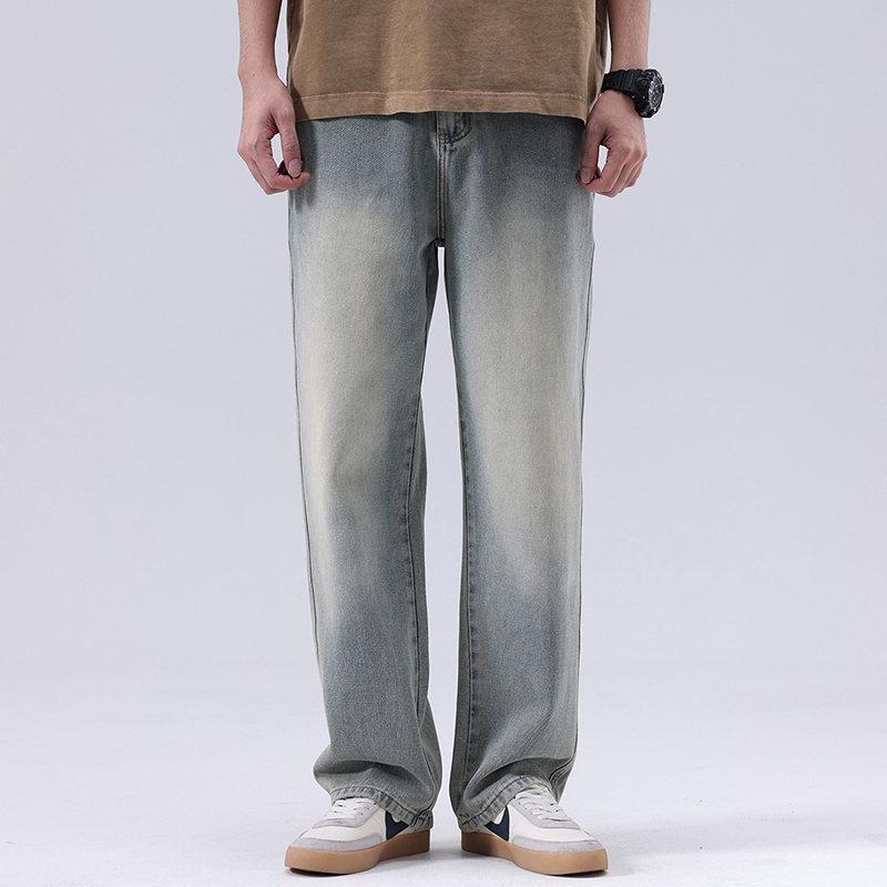 复古牛仔裤男加肥加大码直筒宽松胖子松紧腰休闲百搭泥黄色裤子潮
