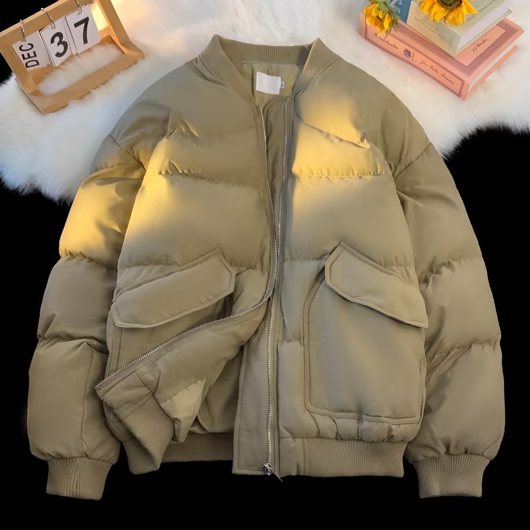 青年男士纯色魔术贴立领加厚加棉棉服百搭宽松情侣秋冬棉衣港风in