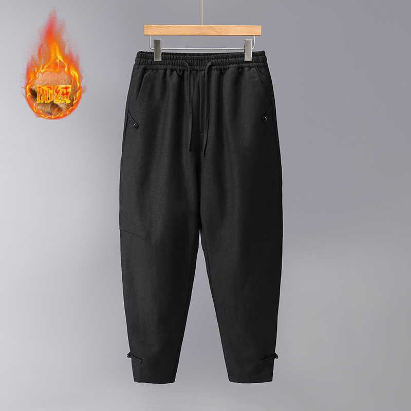 中国风纯色亚麻小脚休闲裤松紧腰加绒加厚保暖长裤子棉麻料男裤潮