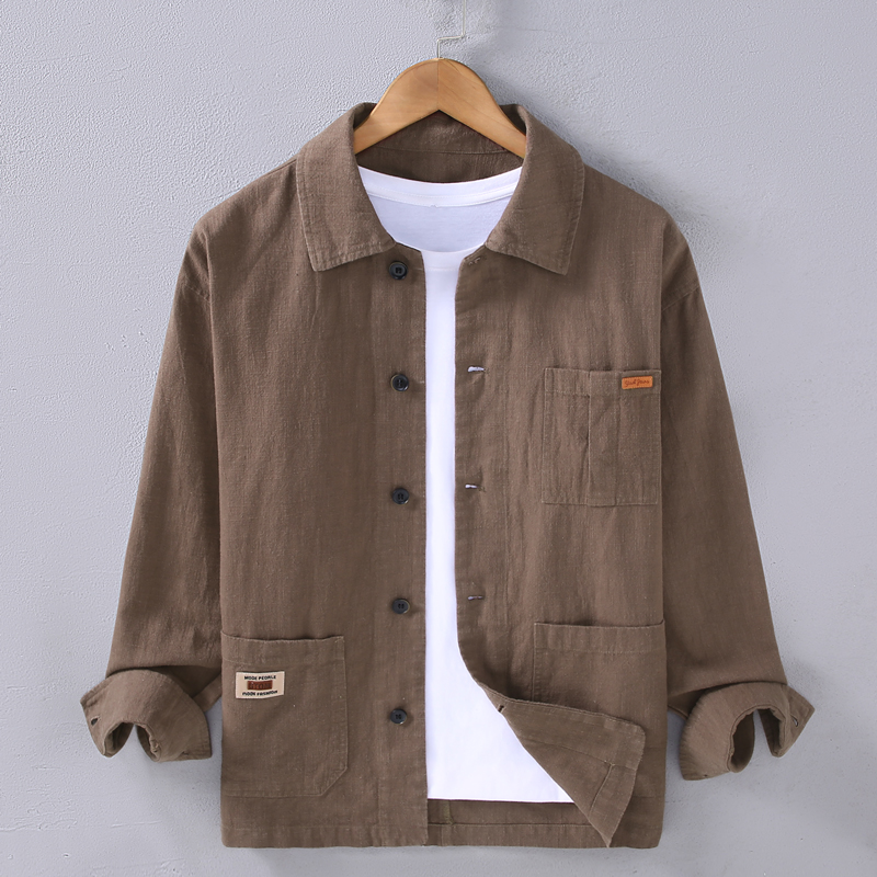男士亚麻工装夹克外套麻布男装棉麻布料宽松休闲潮流百搭苎麻褂子