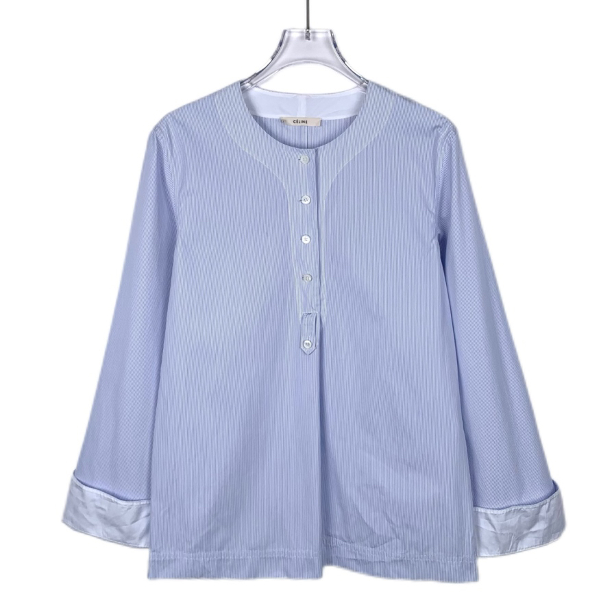 99新 Celine/思琳 蓝白条纹半开襟棉质长袖衬衫 36码 015691