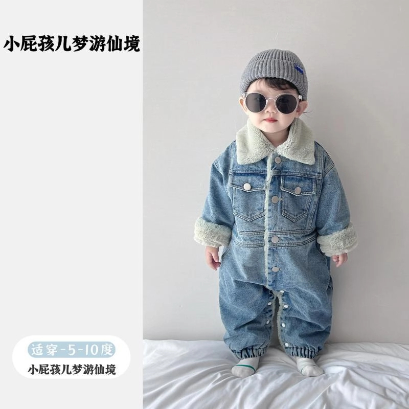 婴儿衣服冬季加绒保暖男宝宝牛仔连体衣冬装洋气韩版男婴冬款爬服