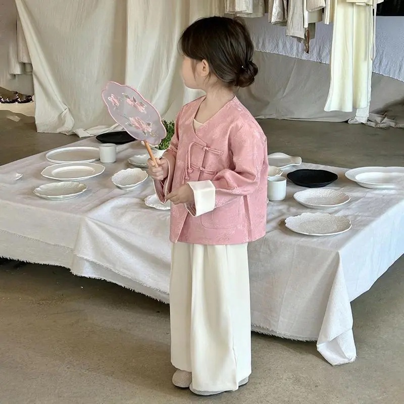女童秋季套装2024复古新中式花型外套舒适宽松直筒阔腿裤两件套潮