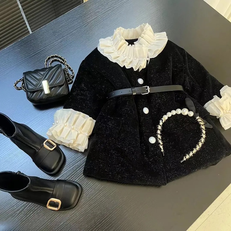 女童加棉外套2025冬季新款女宝宝复古花边黑天鹅冬季夹棉加厚棉服