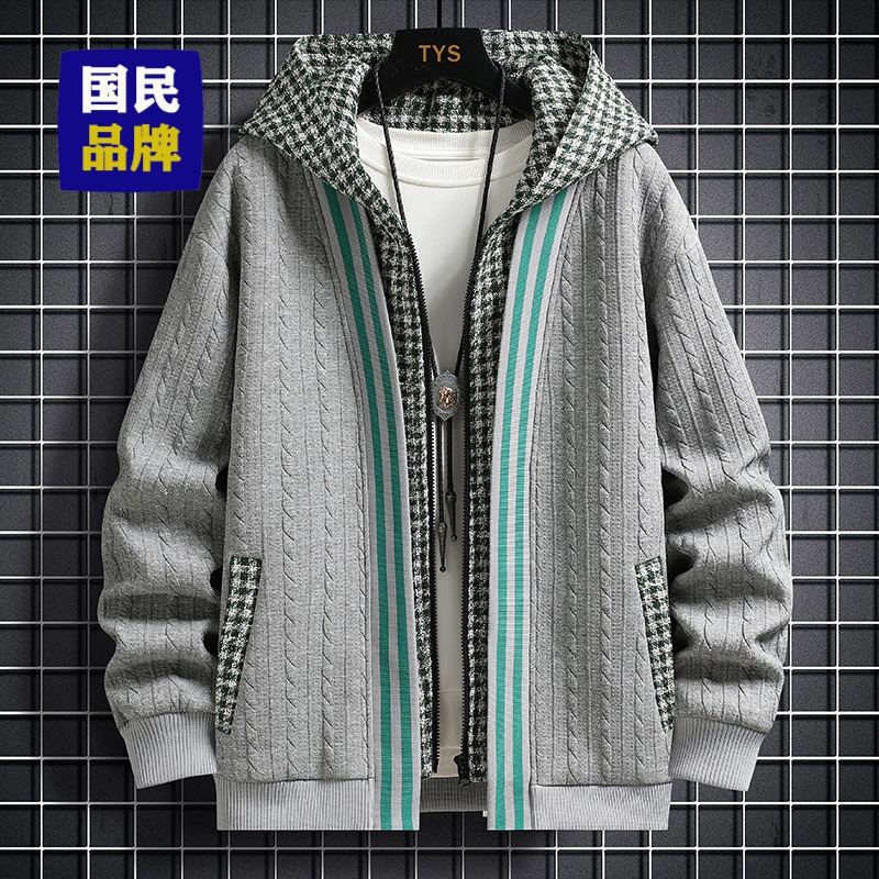 【小扬哥推荐】针织外套男士秋冬季连帽假两件夹克休闲潮流男装秋