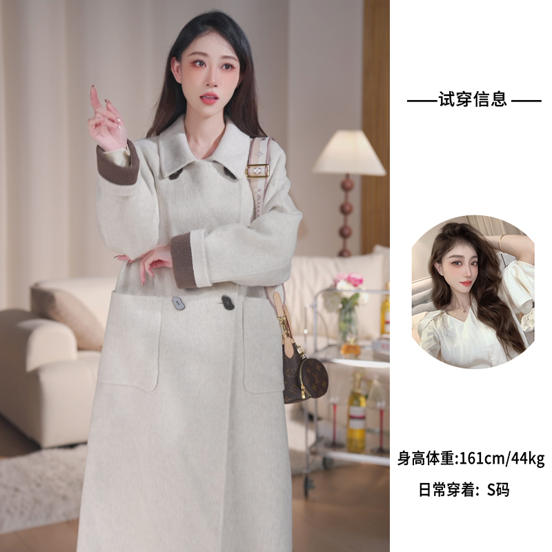 翻边袖双面毛呢大衣女24秋冬新款高端简约宽松中长款外套气质显瘦