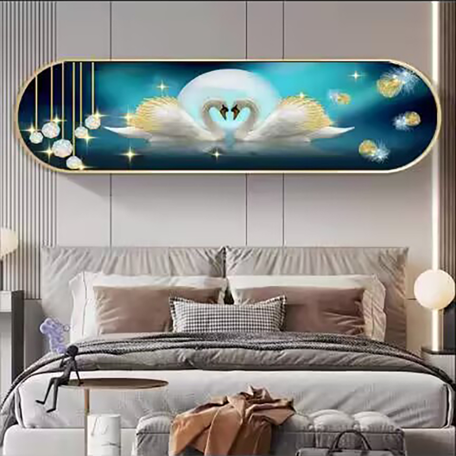 天鹅椭圆床头画羽毛简约卧室背景墙装饰画