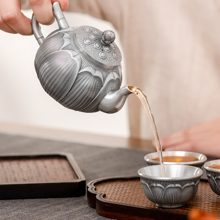 银制品 银壶泡茶壶999足银官方正品 创意莲花银茶具套装家用银礼