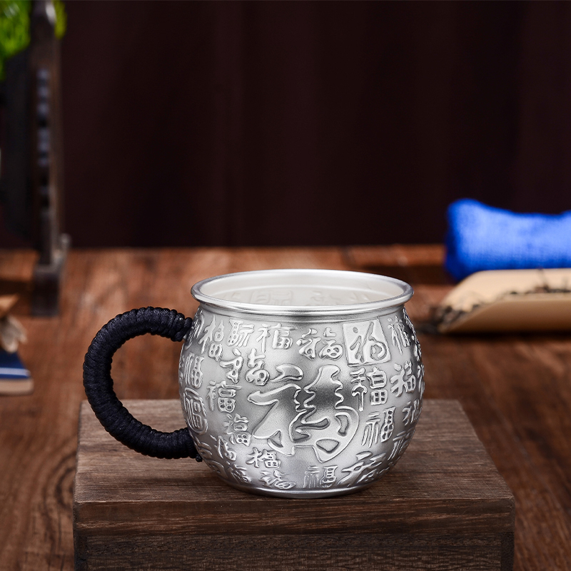 足银999复古家用纯手工带把主人杯大容量浮雕银茶杯
