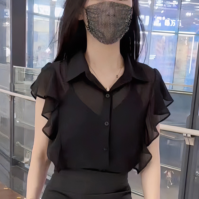 纯欲名媛木耳边拼接Polo领飞飞袖衬衫女时尚夏季新款法式风上衣潮