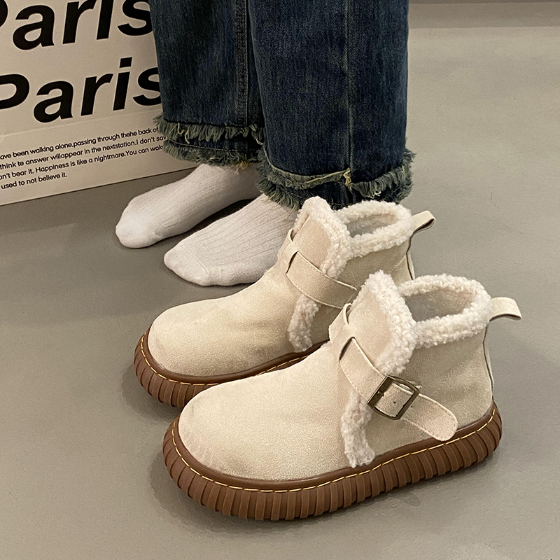 红蜻蜓牌磨砂皮保暖毛毛雪地靴子女2023年秋冬季新款加绒加厚底防