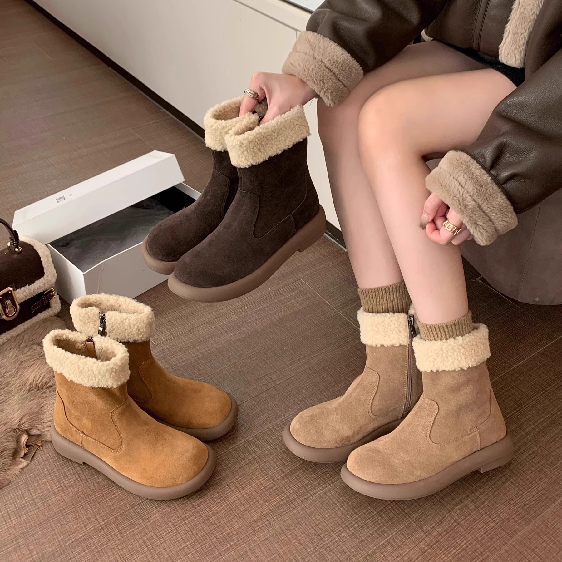 红蜻蜓牌厚底雪地靴女鞋2023新款冬季加绒加厚棉鞋保暖毛毛鞋复古