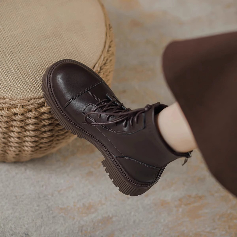 红蜻蜓牌棕色马丁靴女2023新款厚底爆款英伦风系带瘦瘦短靴冬季加