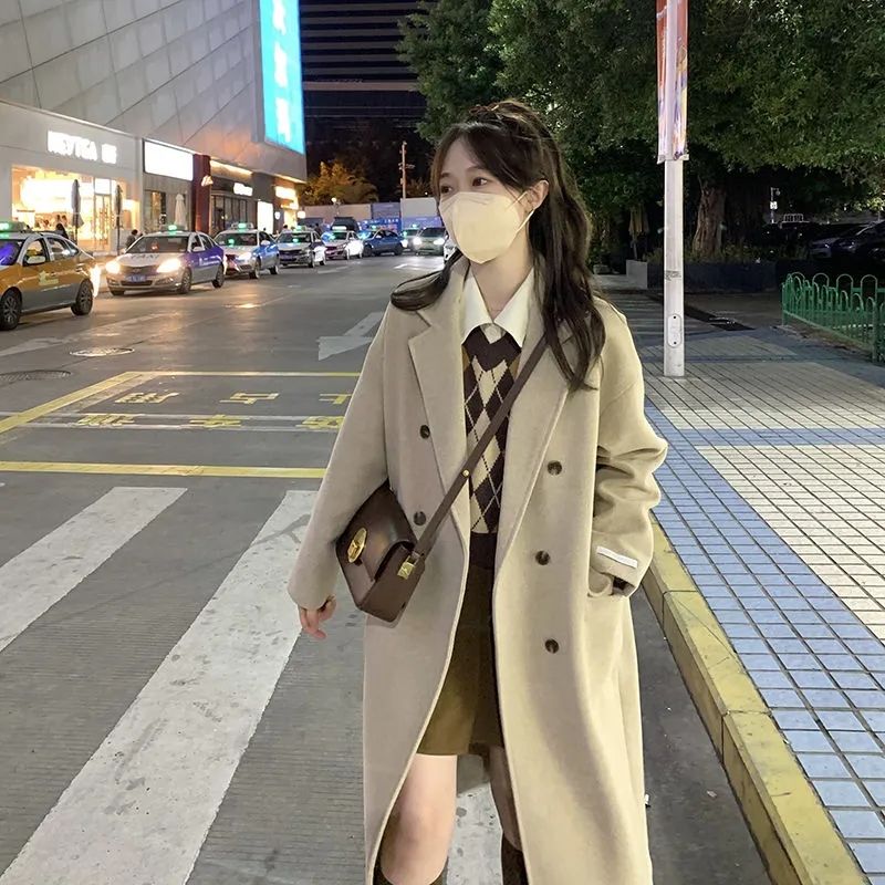 秋冬加厚毛呢保暖外套风衣女百搭气质显瘦小个子中长款呢子大衣潮