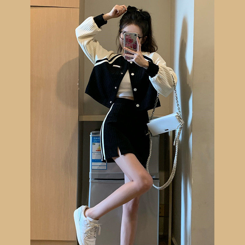 春秋棒球服套装女2023新款甜酷风炸街休闲小个子运动半裙两件套女