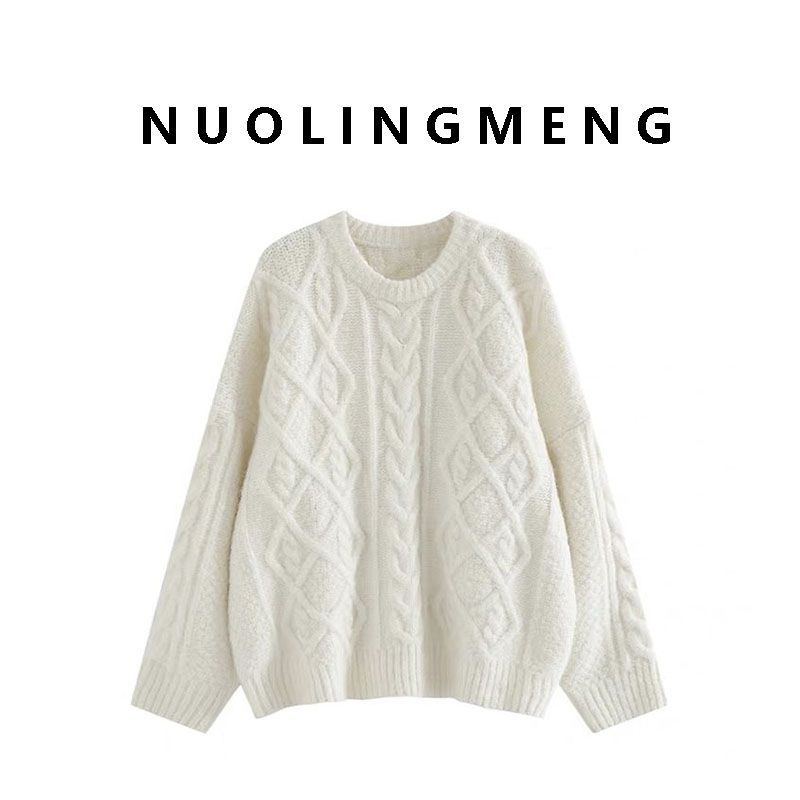 麻花毛衣女秋冬软糯糯百搭奶白色圆领宽松套头慵懒风外穿针织衫