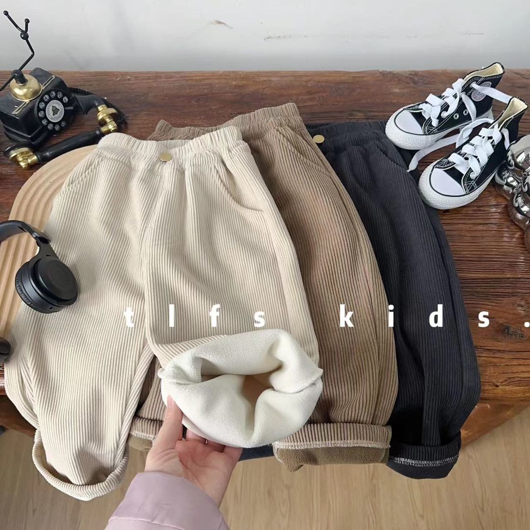 优选童例「三色灯芯绒加绒休闲裤」秋冬男宝女宝加绒长裤儿童百搭