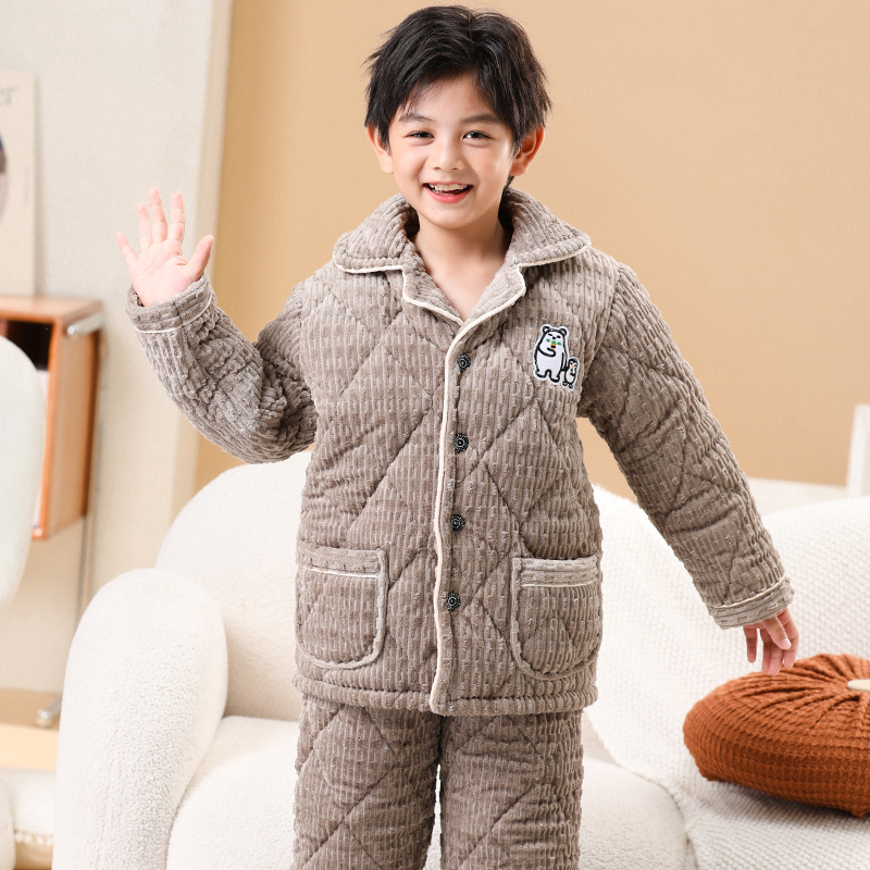 秋冬季睡衣套装男孩加厚带帽法兰绒儿童宝宝男童长袖长裤家居服