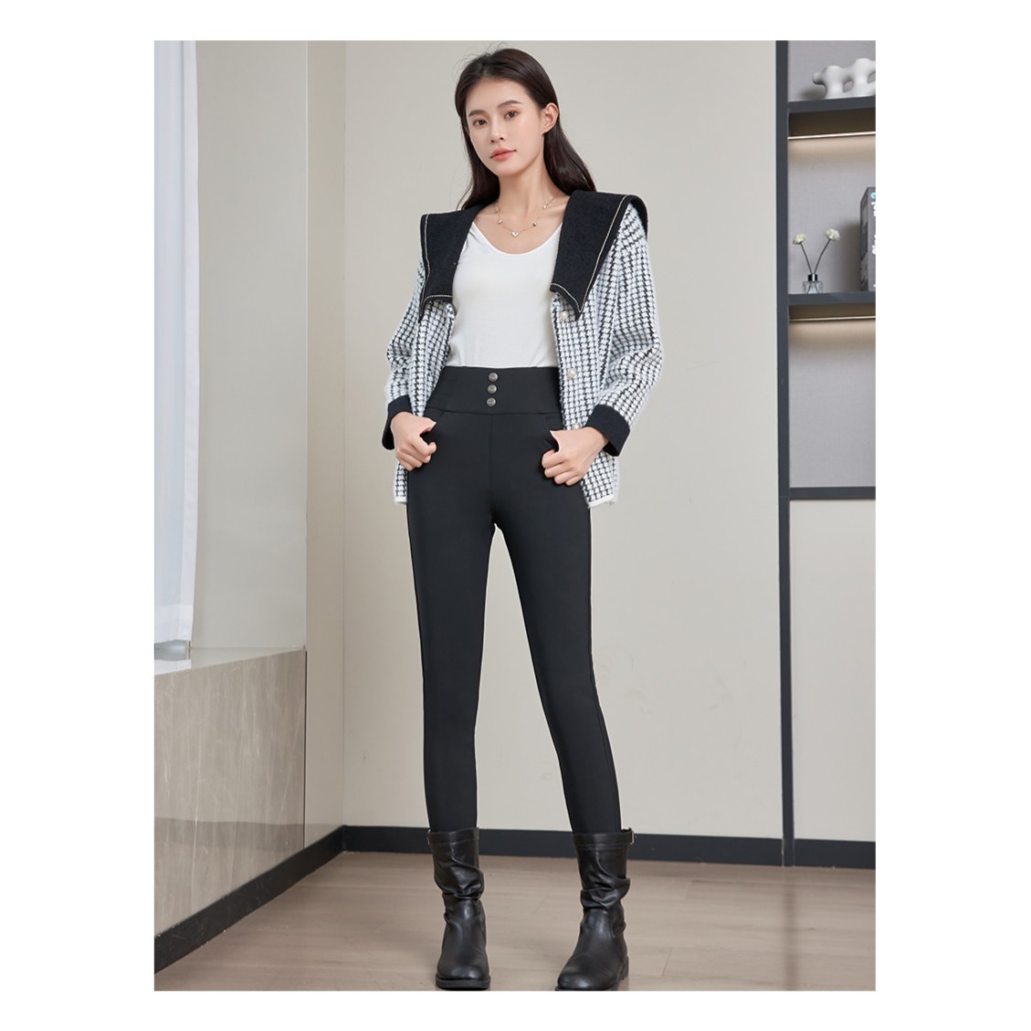 降温必备黑色紧身高腰显瘦冬季鹅绒裤