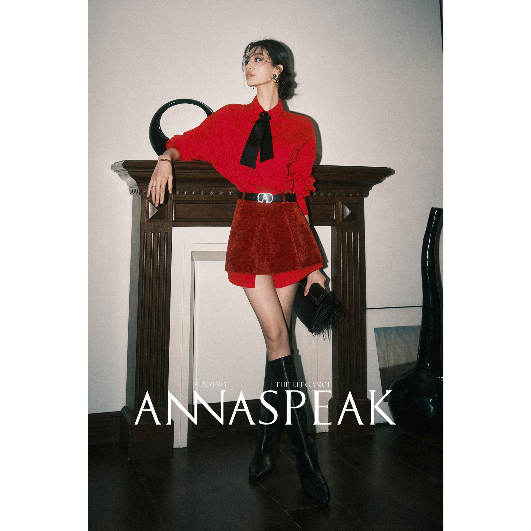 ANNASPEAK花式雪尼尔丝绒假两件飘带2024秋冬新款短款连衣裙