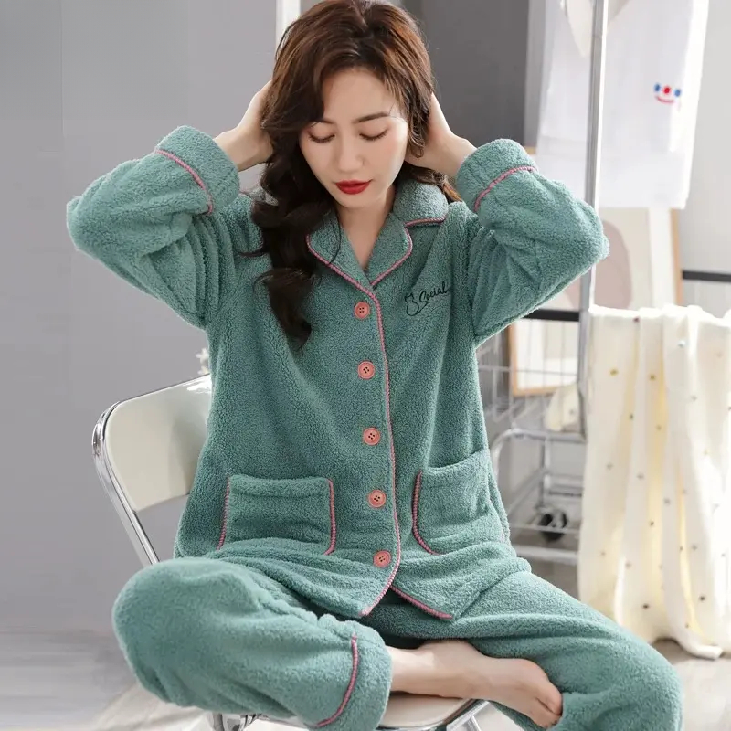 浪莎女士冬季珊瑚绒保暖休闲高档睡衣法兰绒加厚可外穿家居服套装