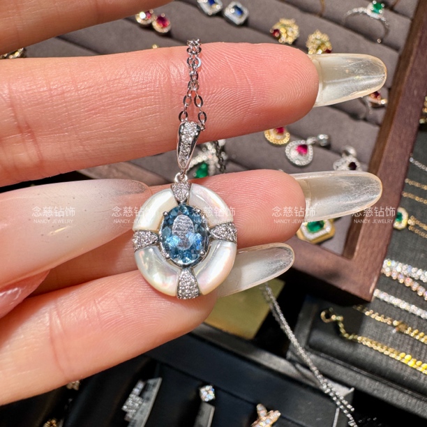 【念慈高定】18k设计款中古风白贝海蓝宝石吊坠（  白色）