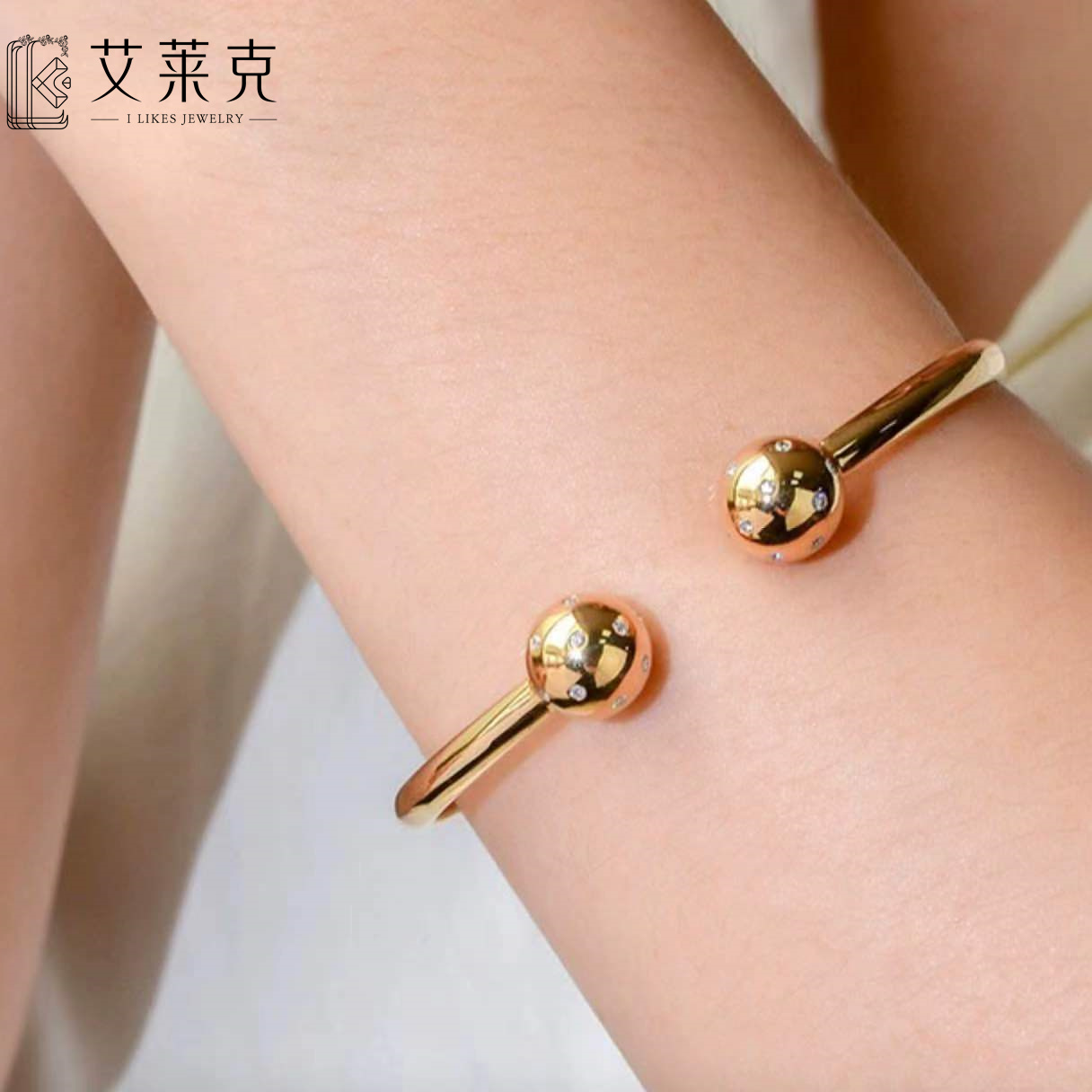 【念慈高定】18k黄金钻石双珠手镯时尚简约开口镶钻双球手镯