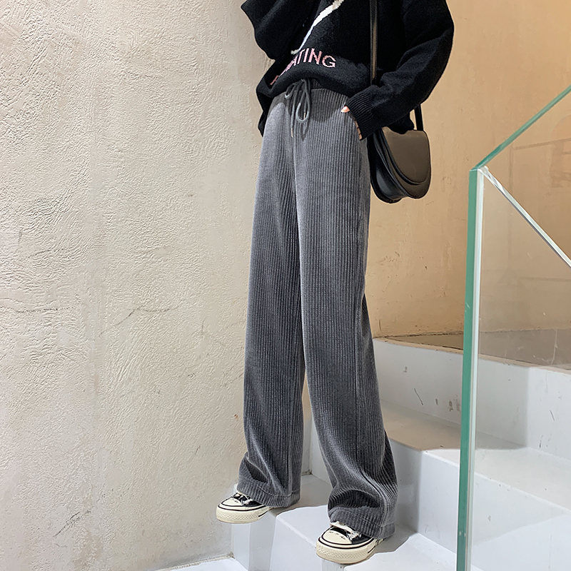PKKK13 秋冬新款加厚条绒坑条裤子女高腰杏色百搭雪尼尔阔腿长裤