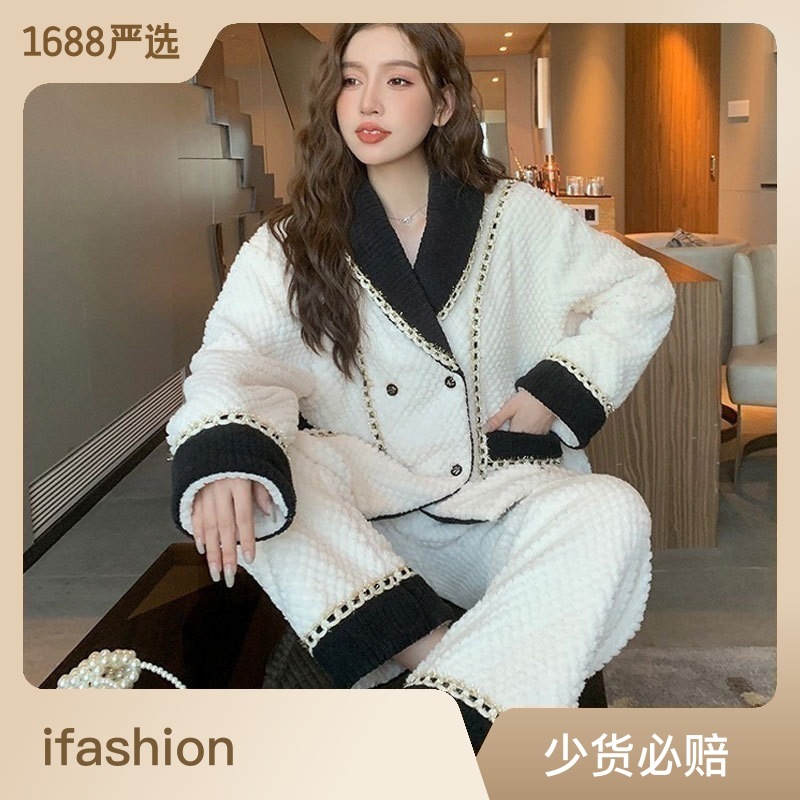 新款小香风珊瑚绒冬季睡衣女加厚保暖法兰绒开衫可外穿家居服套装