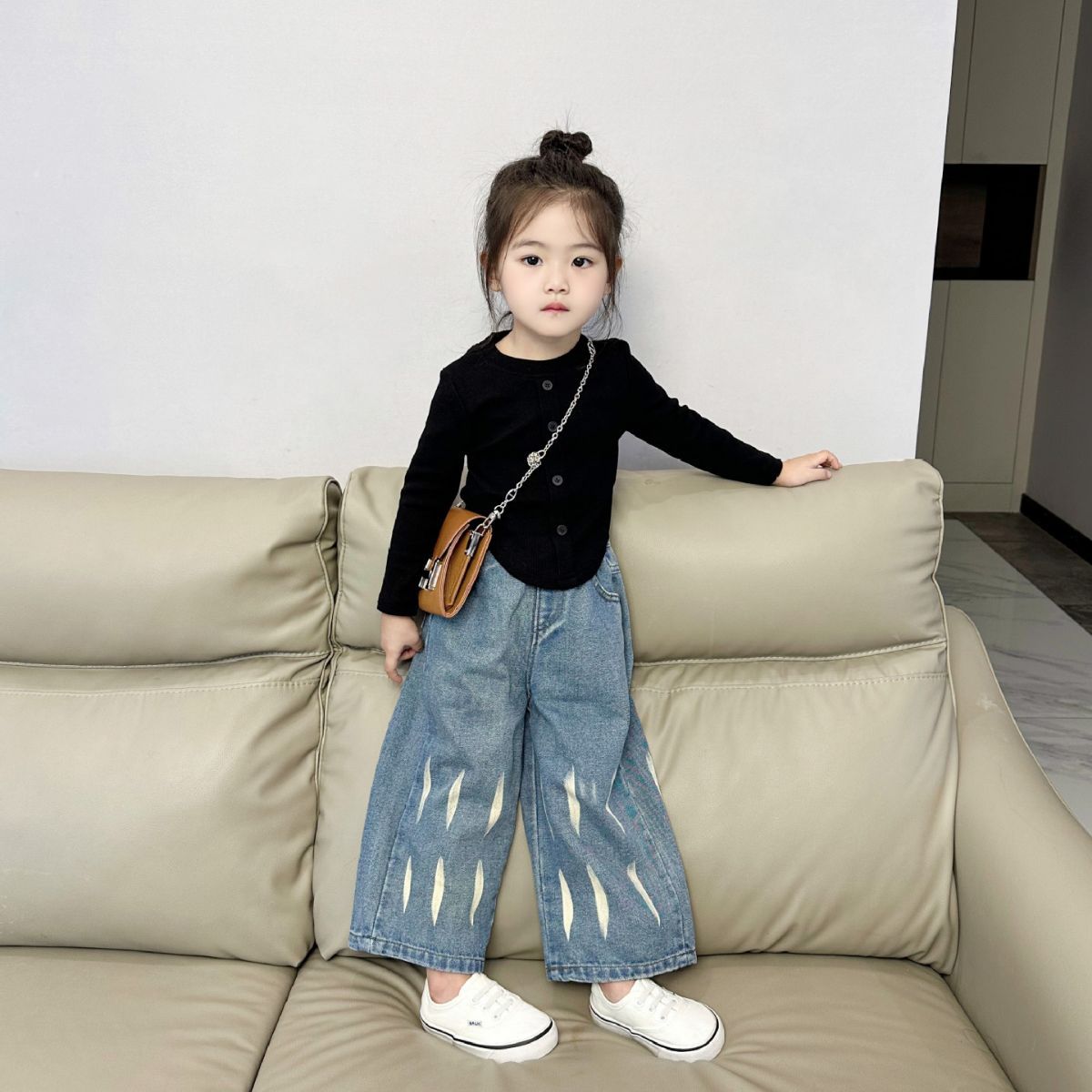 女童儿童洋气时尚春秋休闲百搭高腰宽松宽松阔腿牛仔裤套装中大童