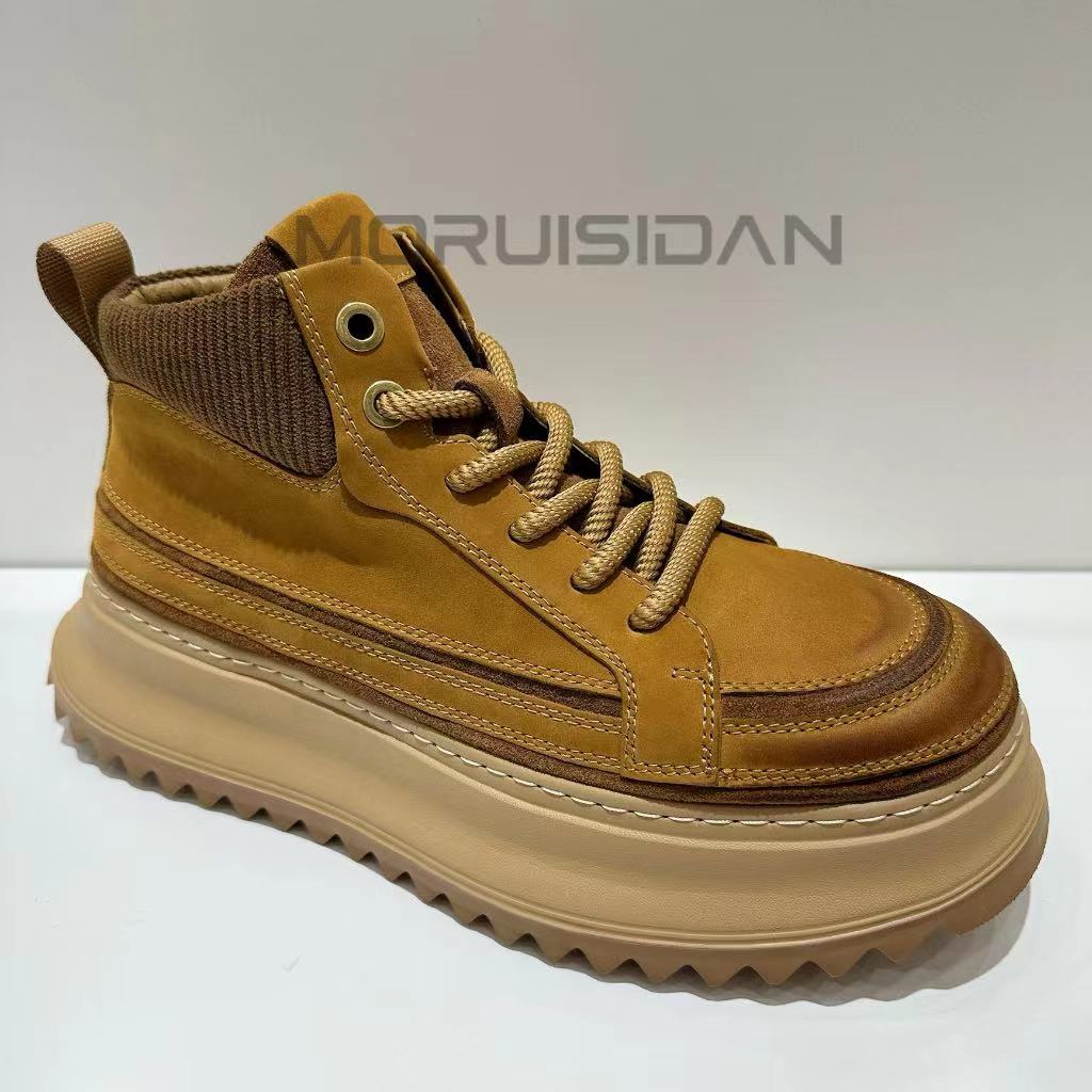 新款男款冬季真皮黑色系带棉鞋加绒一脚蹬厚底增高休闲高帮潮鞋