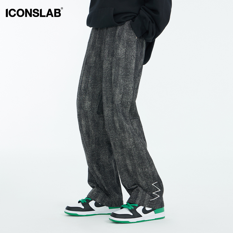 ICONSLAB 麻花辫织带松紧腰牛仔裤男女同款宽松休闲长裤情侣潮牌