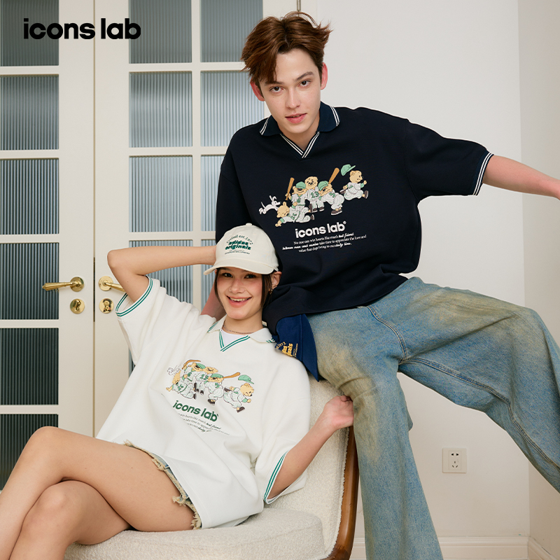 ics丨iconslab 撞色棒球小熊短袖polo衫百搭宽松休闲设计感情侣