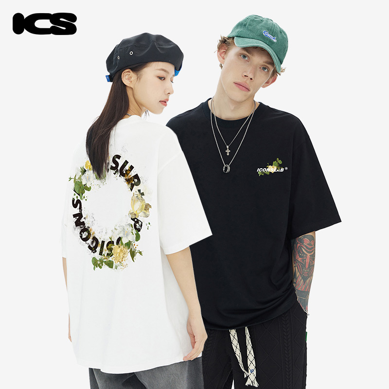 iconslab短袖t恤情侣装夏装潮牌花卉圈星字母印花上衣男