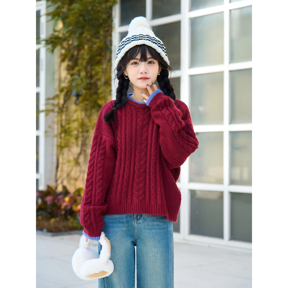 王家有鱼【小个子定制】冬季新款针织毛衣百搭红色圆领长袖套头W