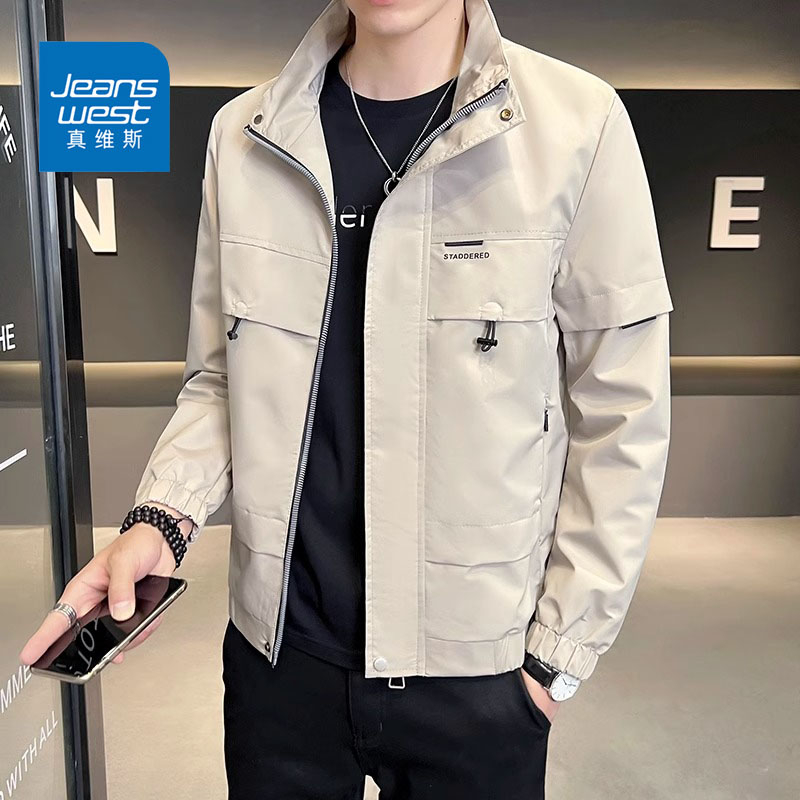 Jeanswest/真维斯男士工装立领夹克秋冬宽松简约百搭防风休闲外套